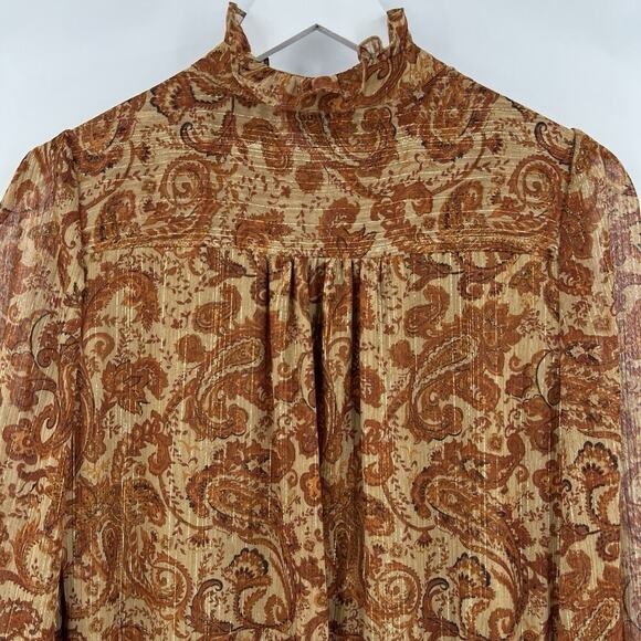 House Of Harlow 1960 Paisley Metallic Gold Ruffle Lined Dress Long Sleeve Size 6 - Picture 6 of 9